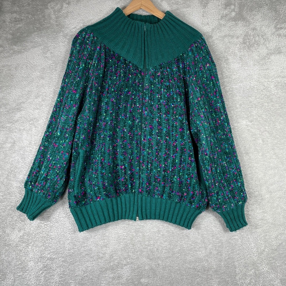 Rochelle Knit Cardigan Womens‎ Small Teal Confetti Chenille Zip Up Vintage 90s